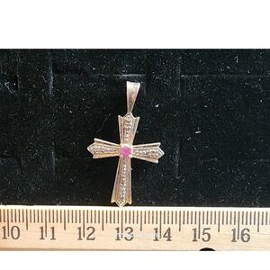 Vintage Sterling Silver/Diamond/Ruby Cross/Crucifix Necklace Pendant Marked 925